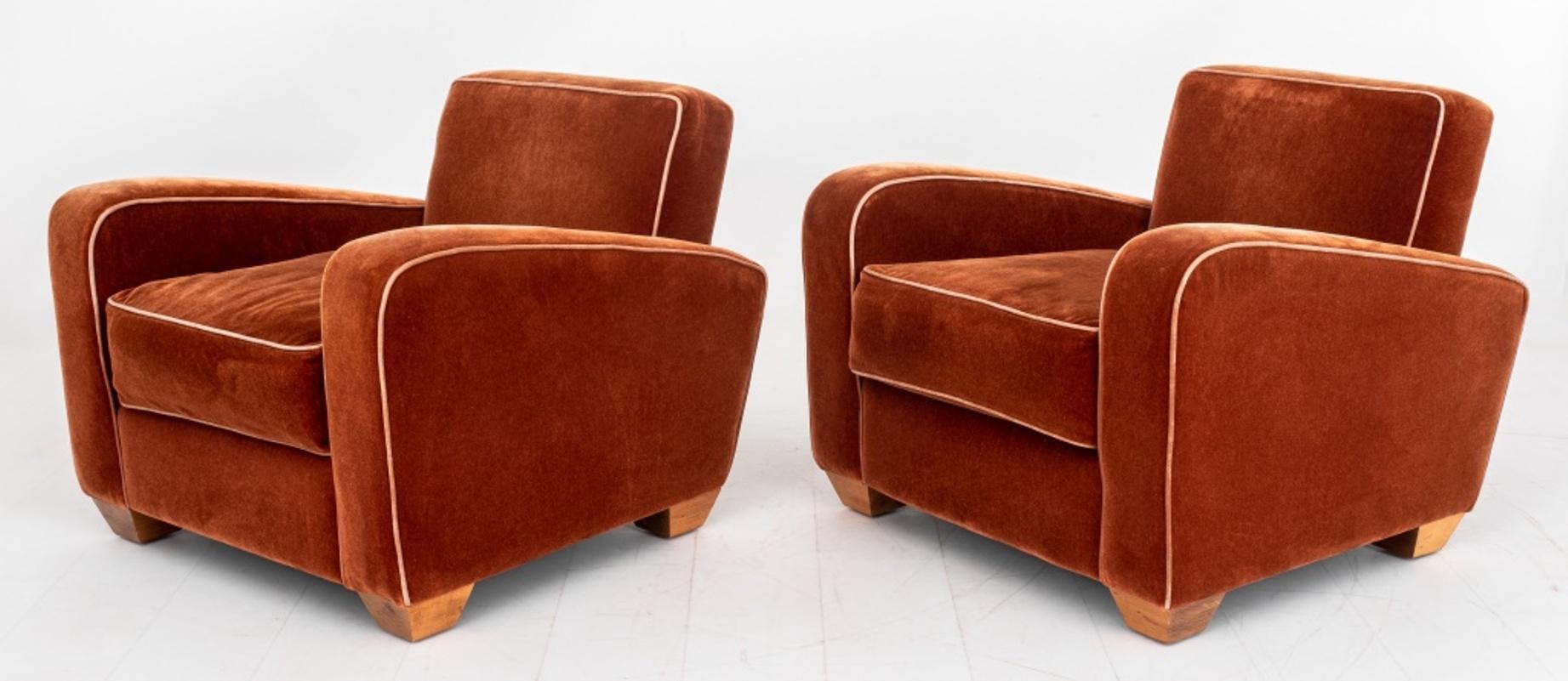 French Art Deco Style Wool Velvet Club Chairs, Pair In Good Condition In New York, NY