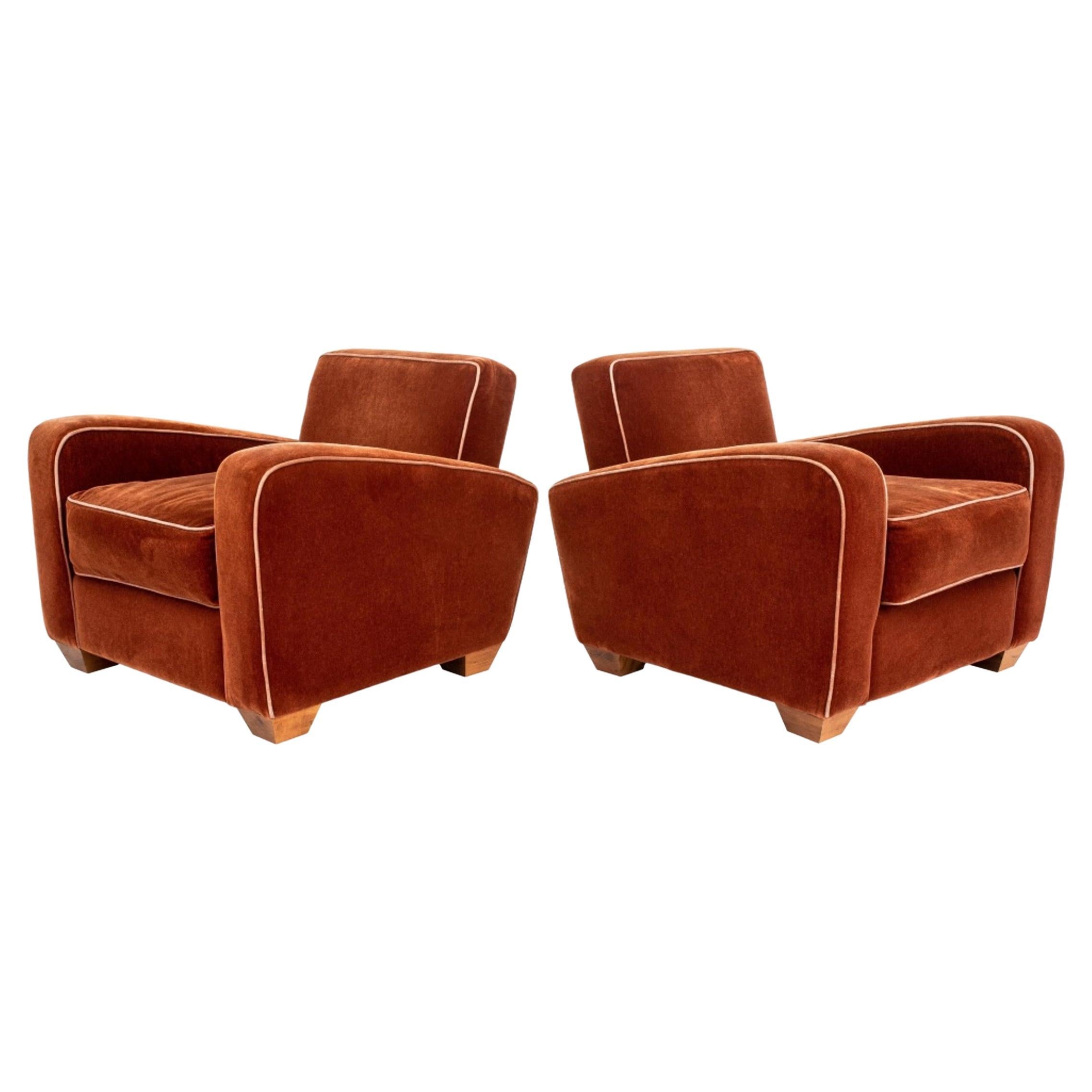 French Art Deco Style Wool Velvet Club Chairs, Pair