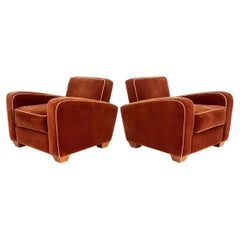 French Art Deco Style Wool Velvet Club Chairs, Pair