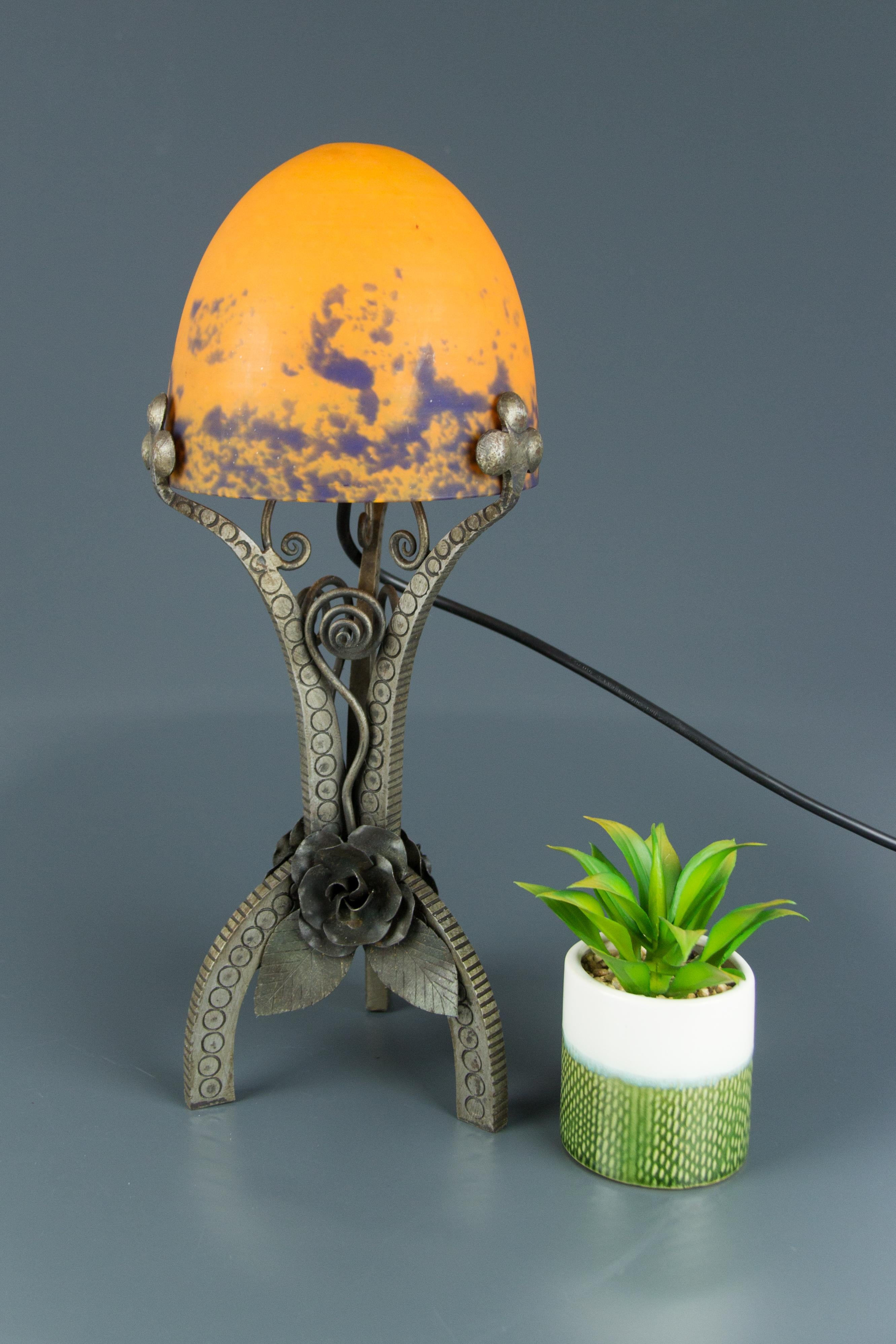 French Art Deco Style Wrought Iron and Orange and Dark Purple Glass Table Lamp 6