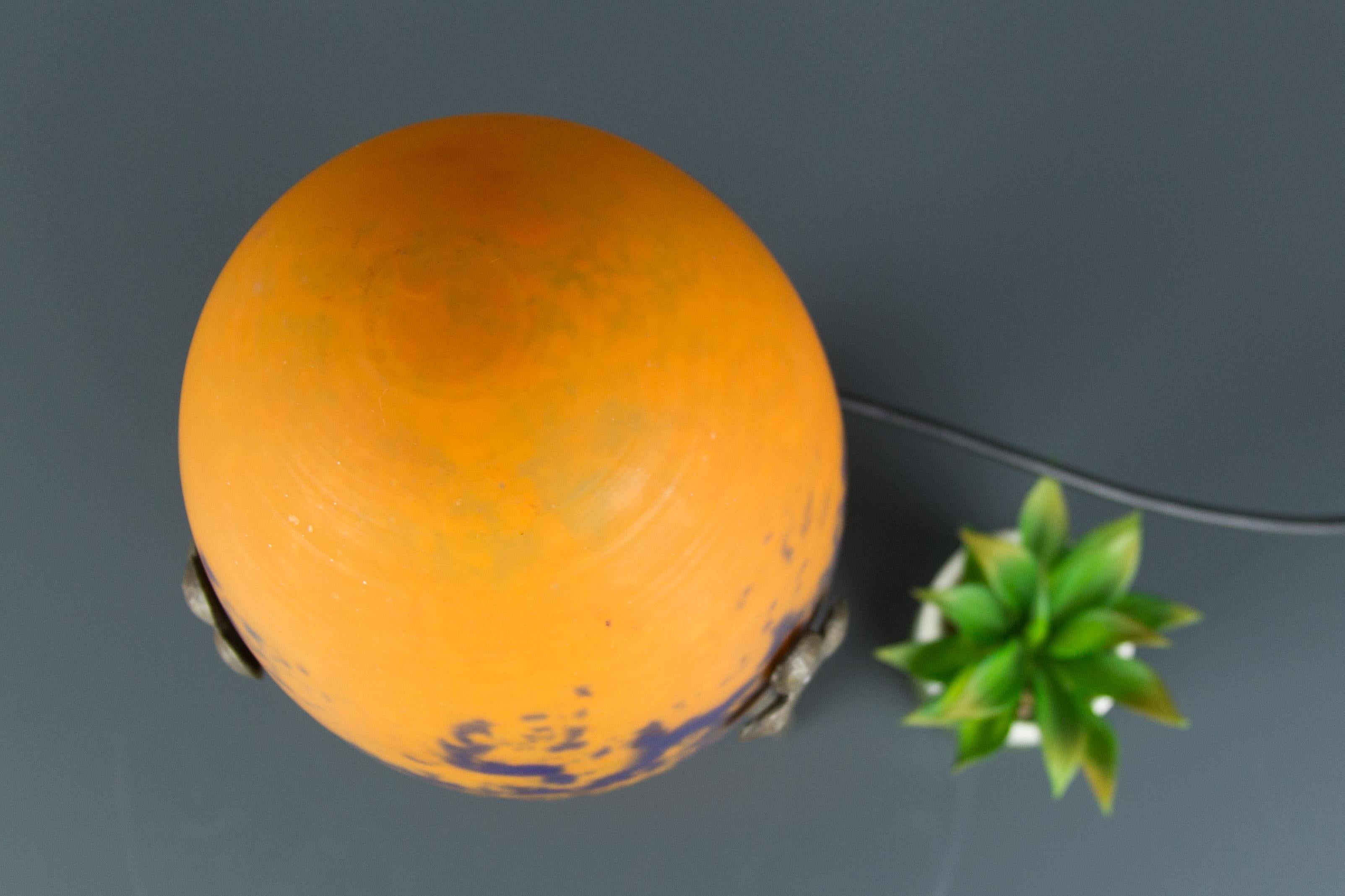 French Art Deco Style Wrought Iron and Orange and Dark Purple Glass Table Lamp 7