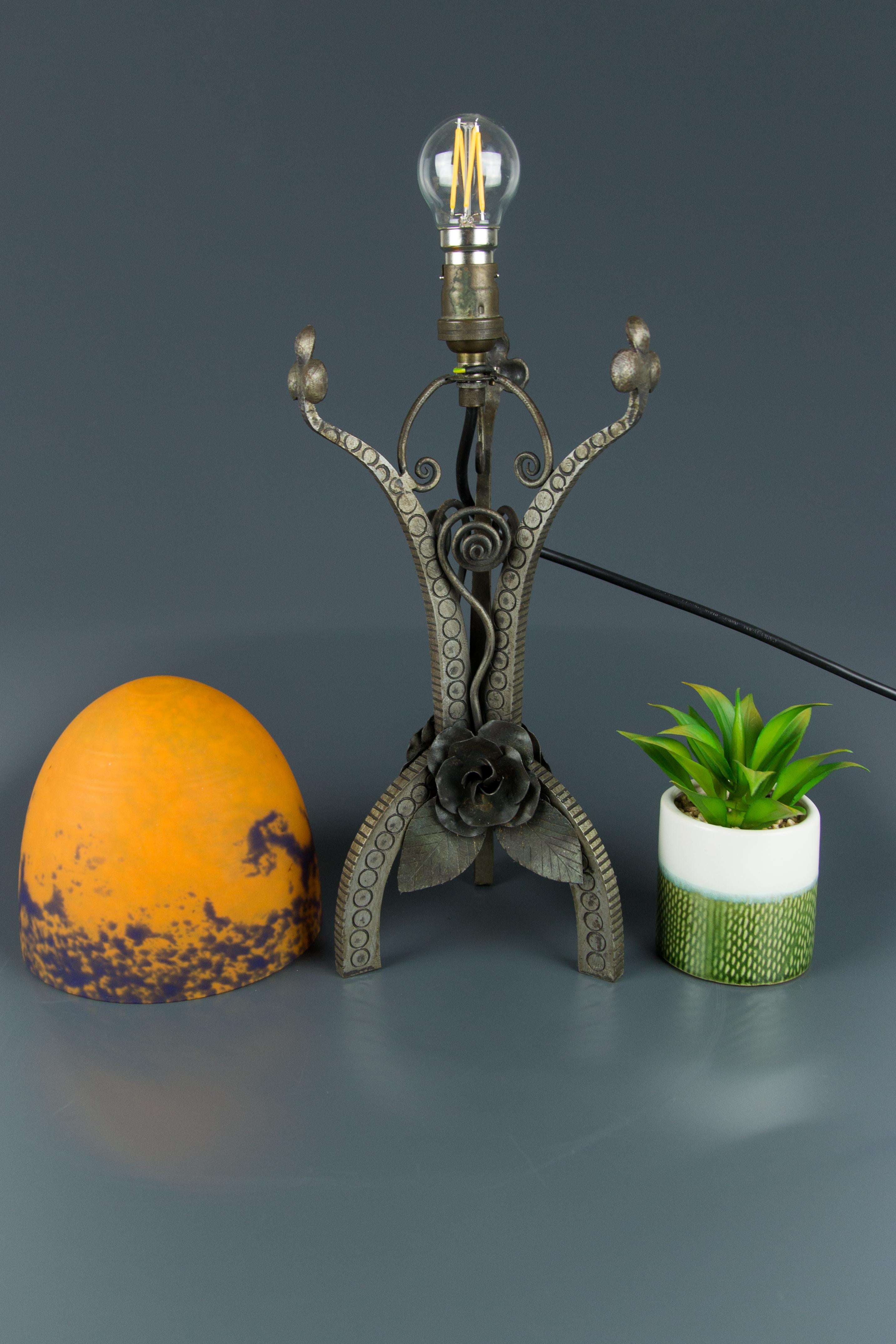 French Art Deco Style Wrought Iron and Orange and Dark Purple Glass Table Lamp 8