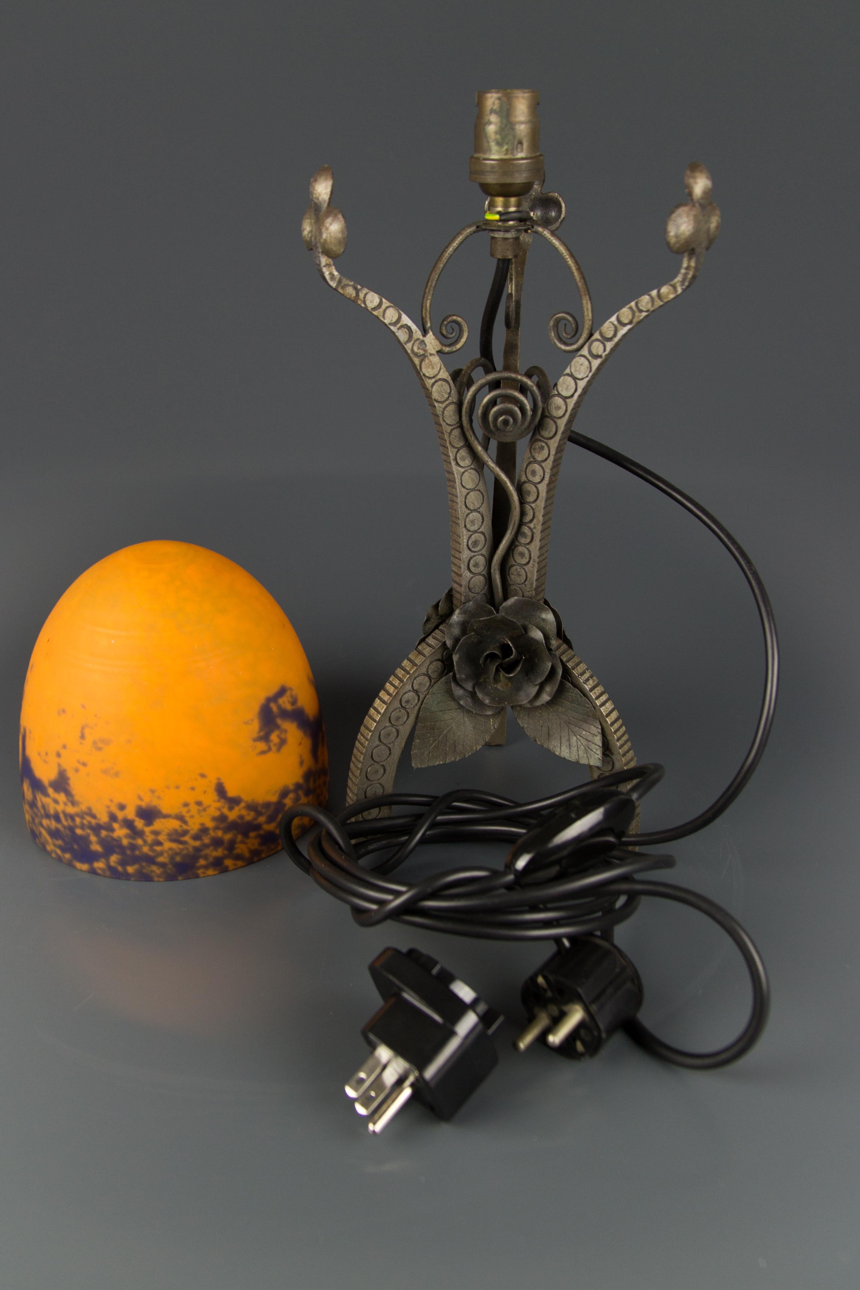 French Art Deco Style Wrought Iron and Orange and Dark Purple Glass Table Lamp 9
