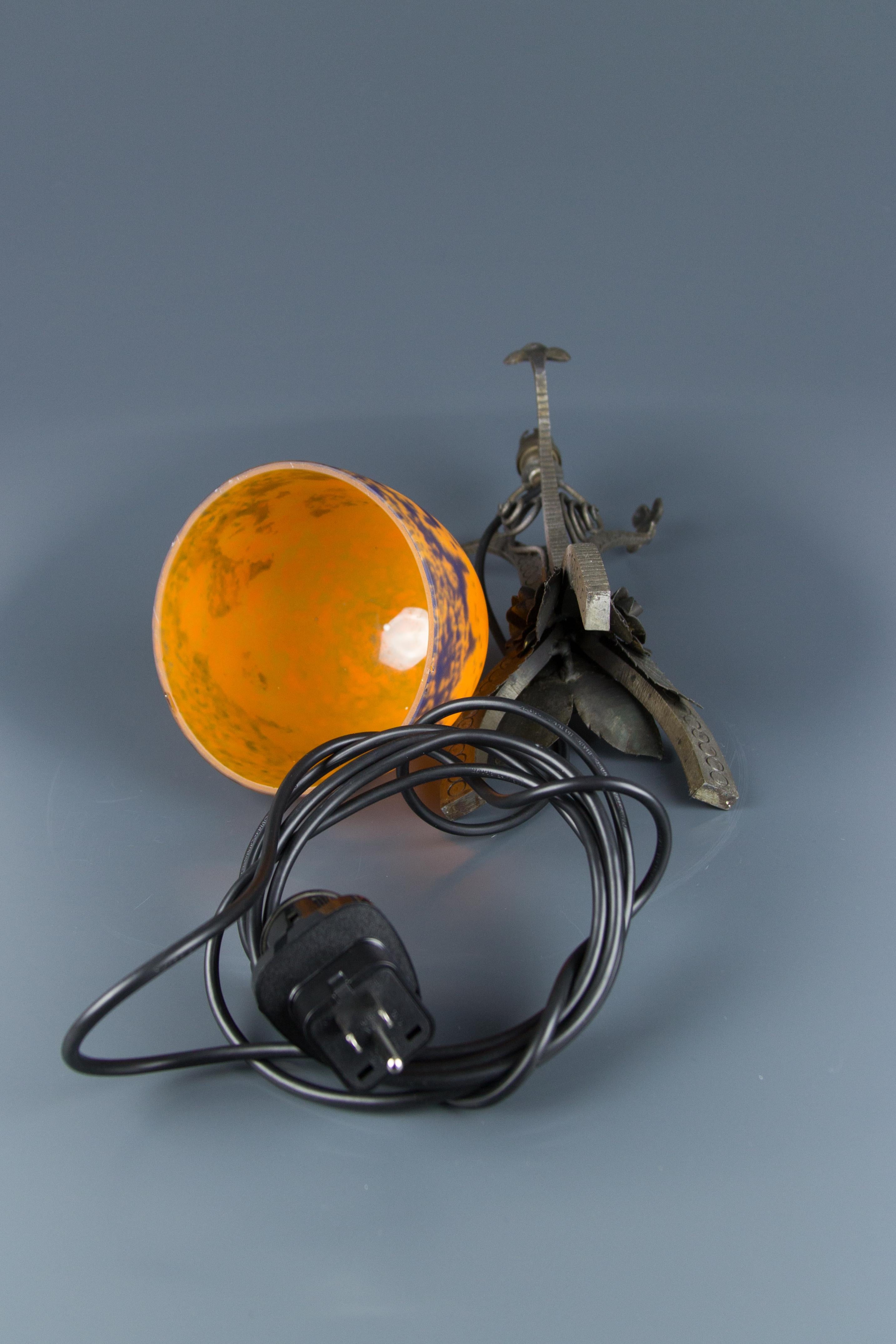 French Art Deco Style Wrought Iron and Orange and Dark Purple Glass Table Lamp 10