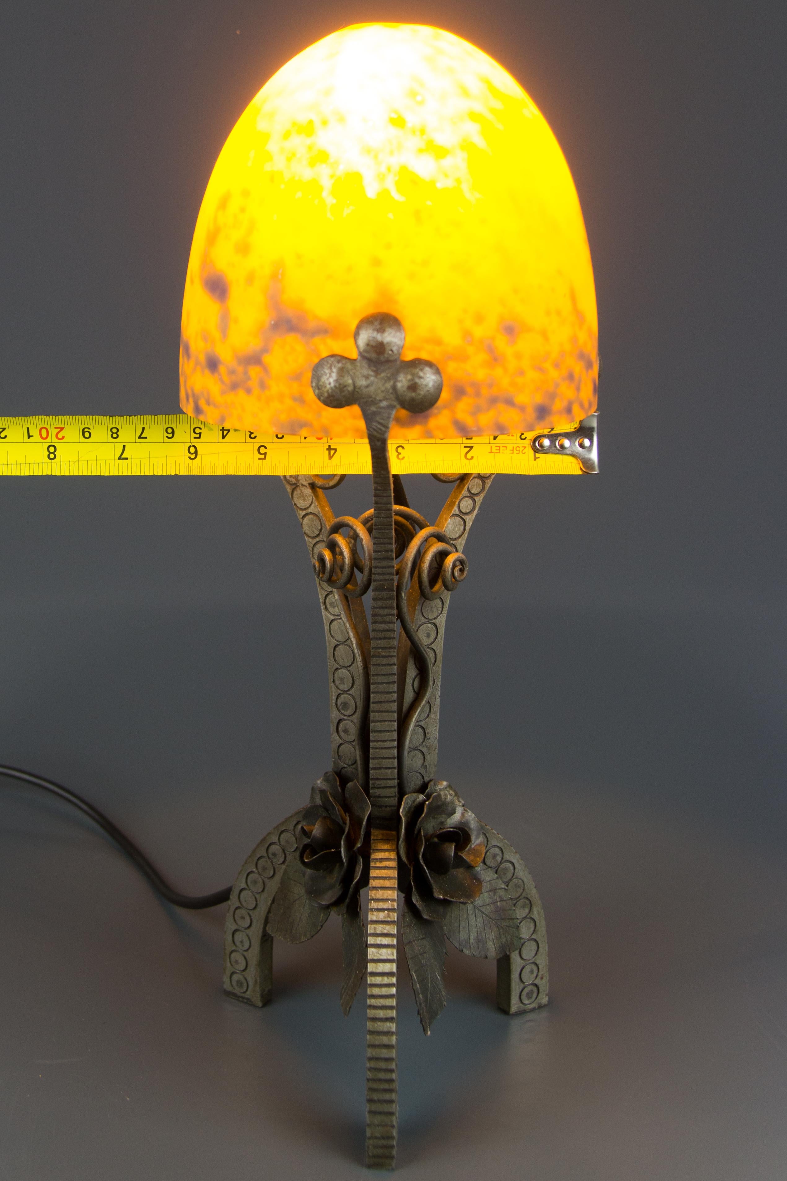 French Art Deco Style Wrought Iron and Orange and Dark Purple Glass Table Lamp 13