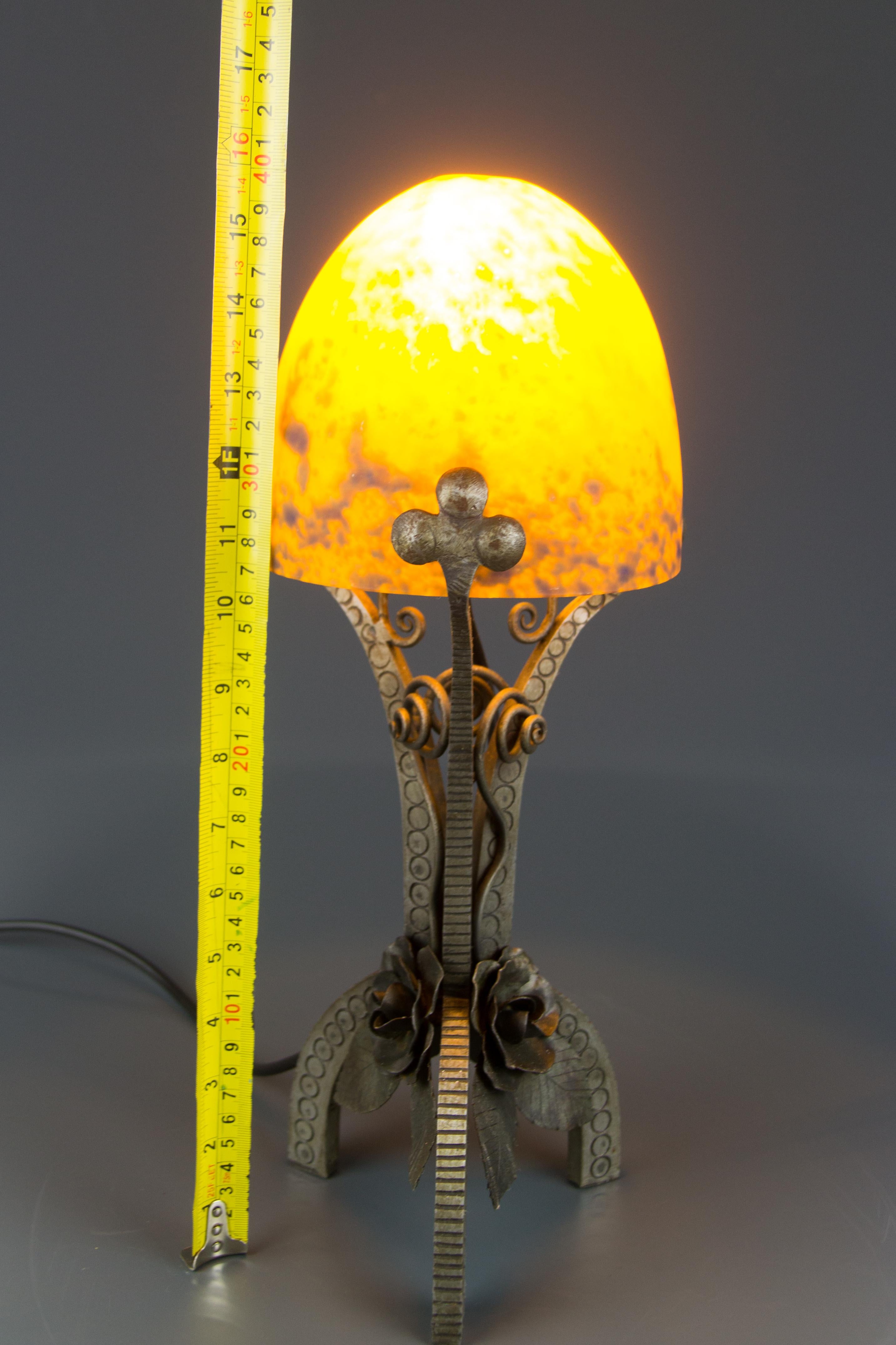 French Art Deco Style Wrought Iron and Orange and Dark Purple Glass Table Lamp 14