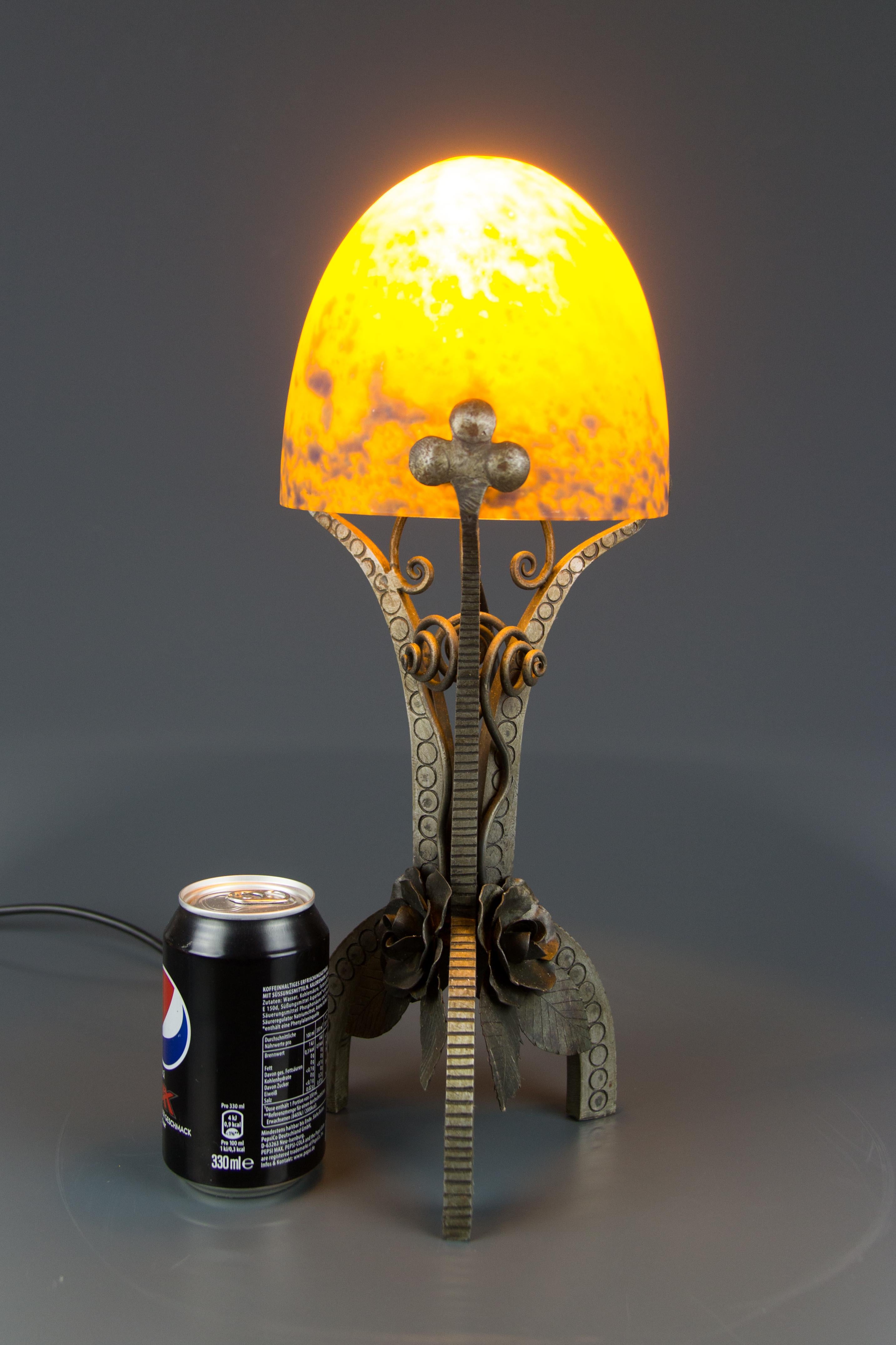 French Art Deco Style Wrought Iron and Orange and Dark Purple Glass Table Lamp 15