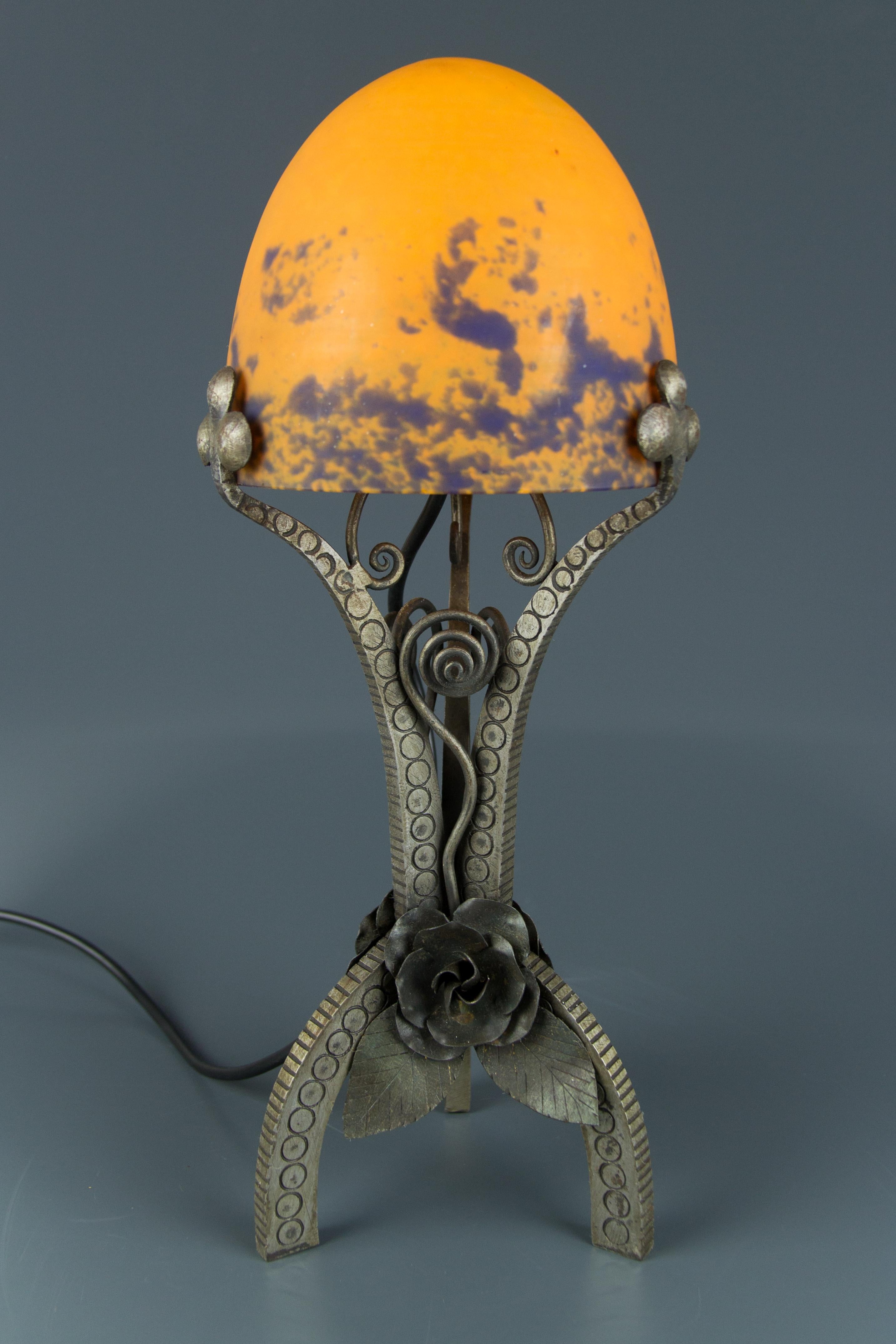 French Art Deco Style Wrought Iron and Orange and Dark Purple Glass Table Lamp 16