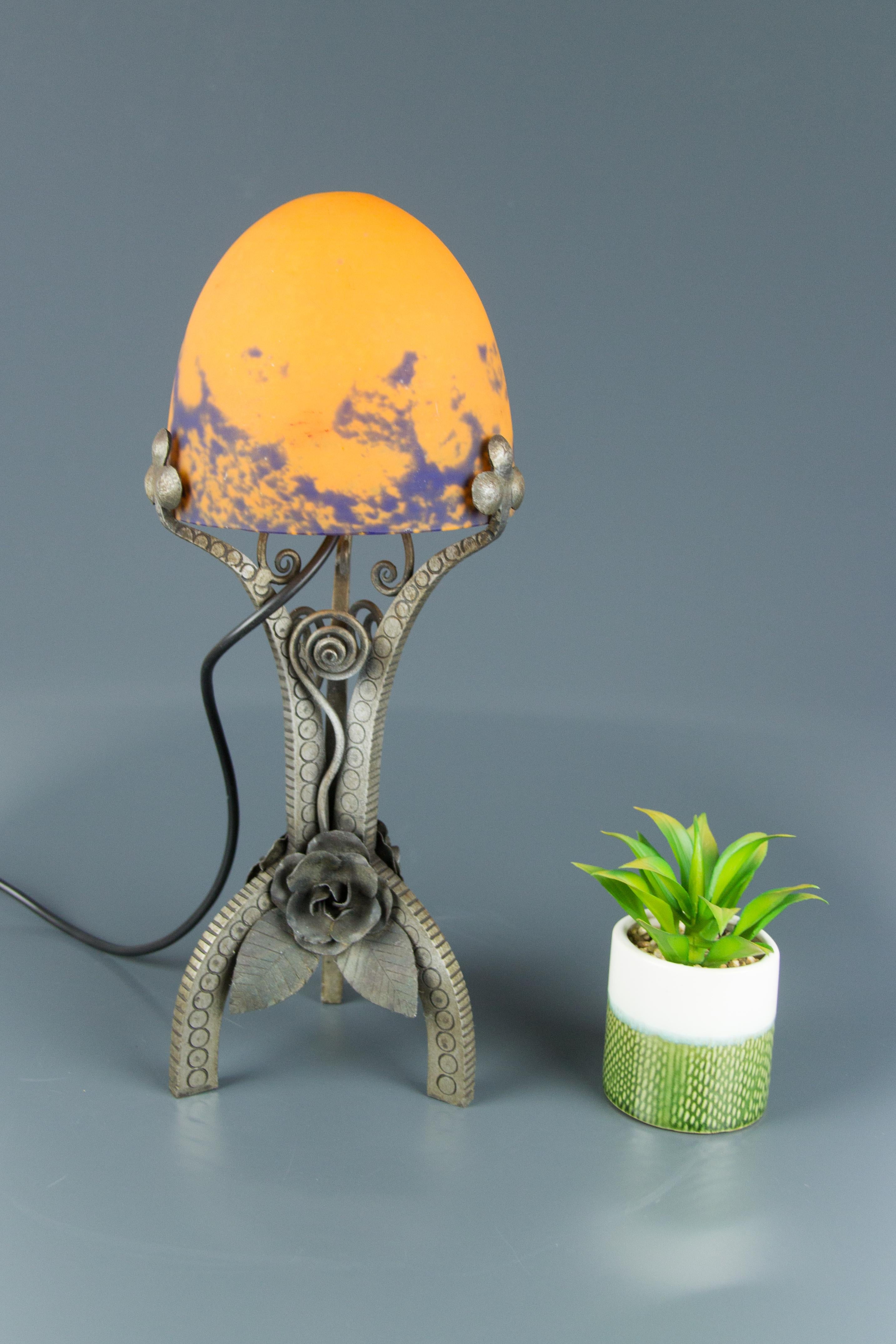 French Art Deco Style Wrought Iron and Orange and Dark Purple Glass Table Lamp 1