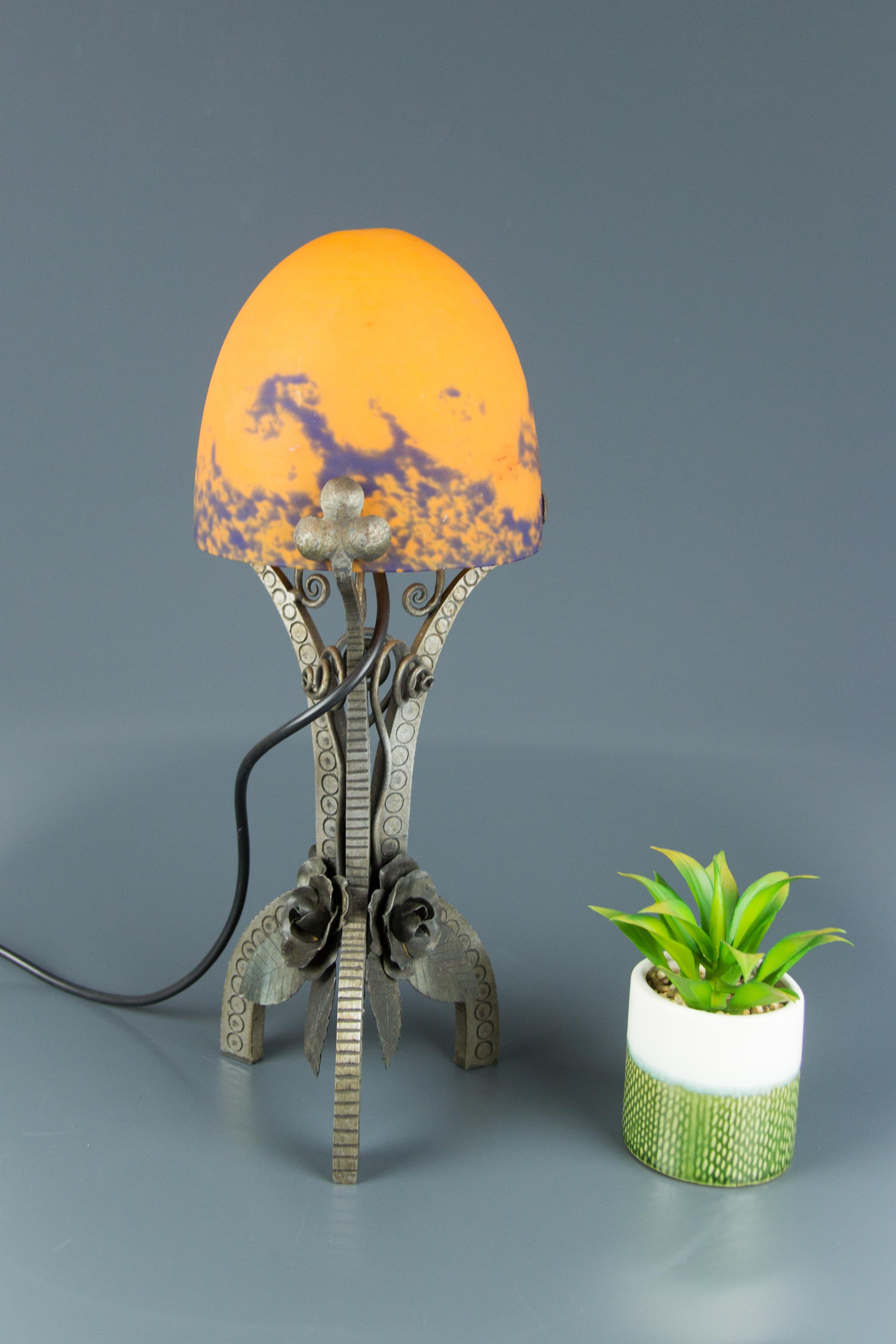 French Art Deco Style Wrought Iron and Orange and Dark Purple Glass Table Lamp 2