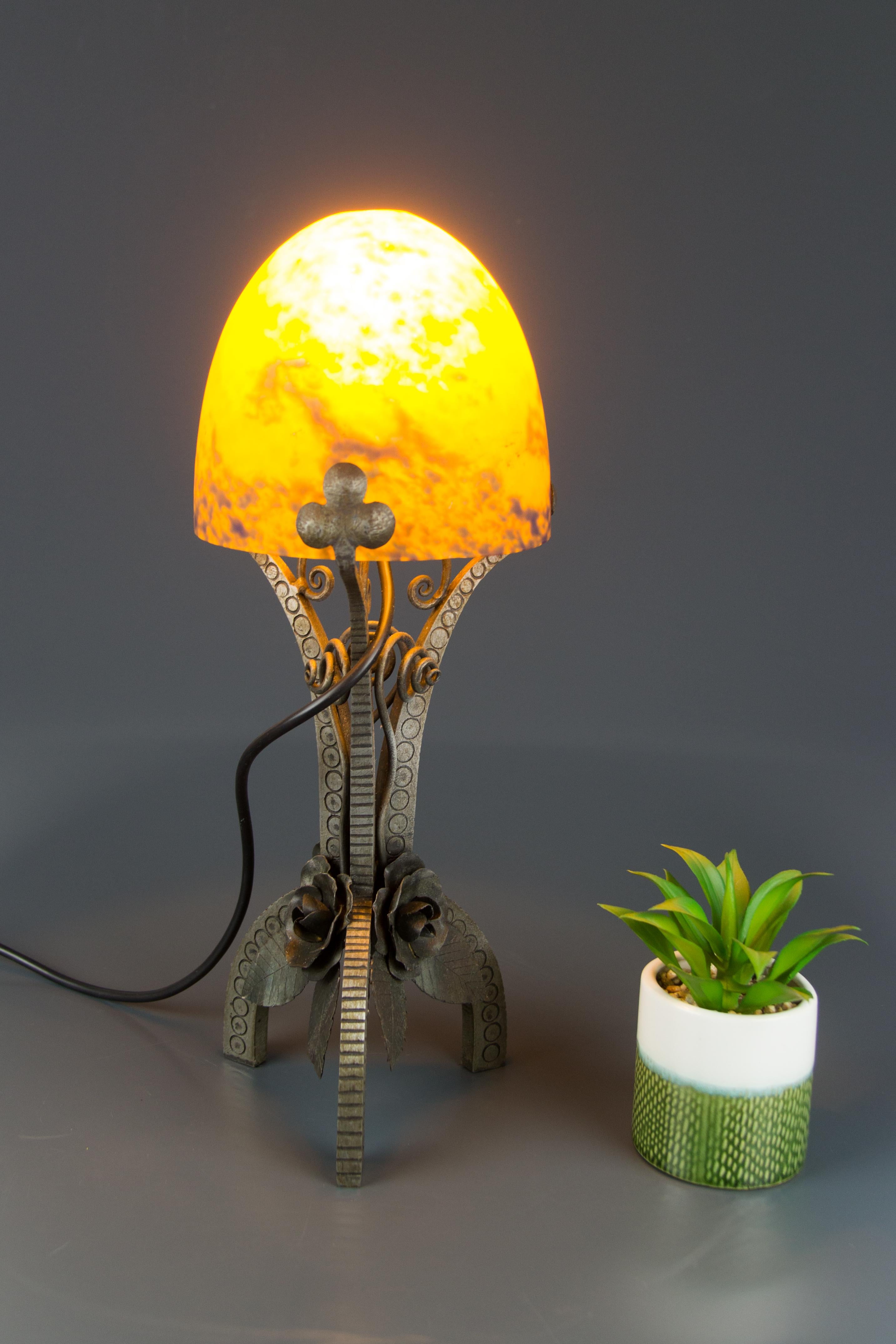 French Art Deco Style Wrought Iron and Orange and Dark Purple Glass Table Lamp 3