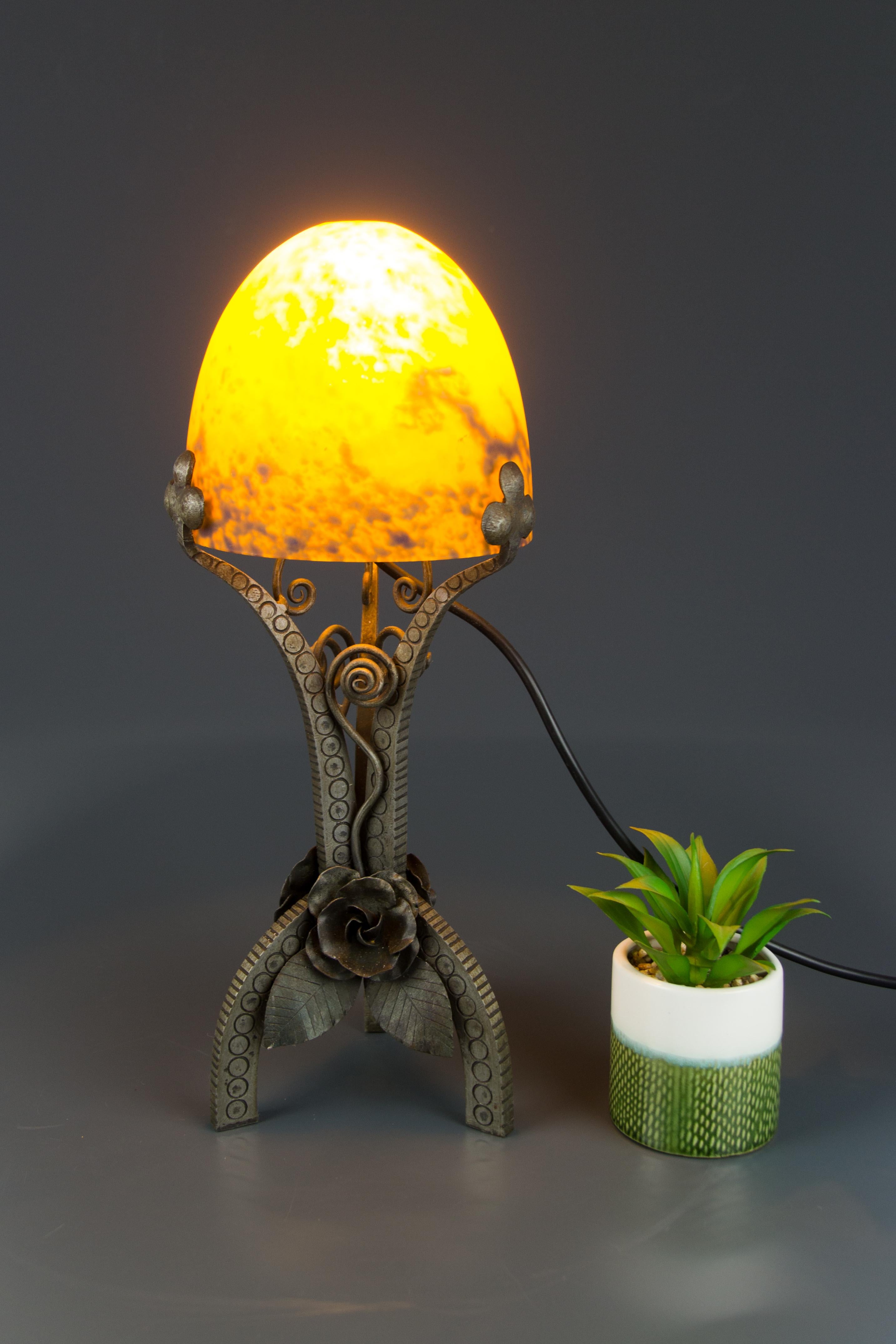 French Art Deco Style Wrought Iron and Orange and Dark Purple Glass Table Lamp 4