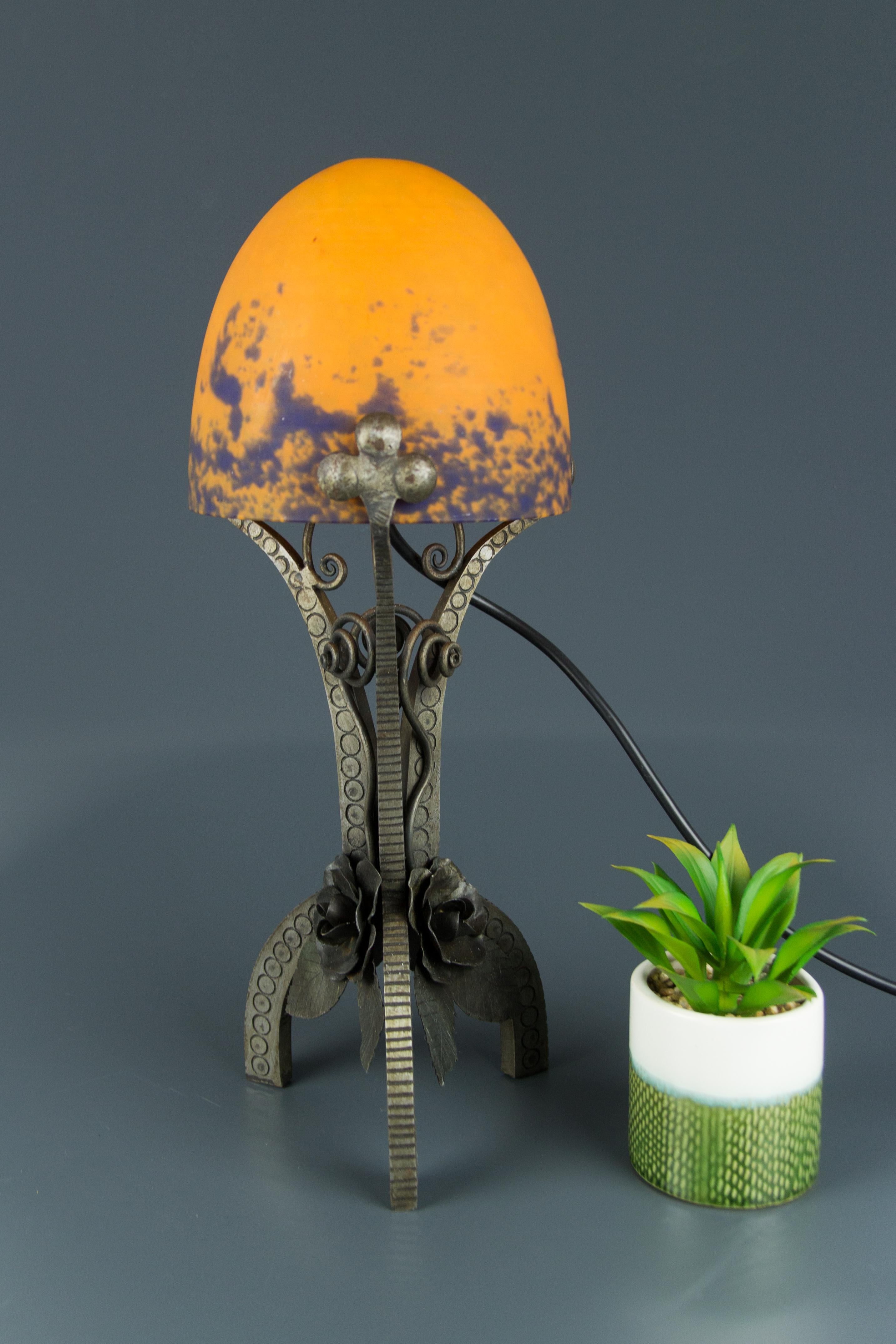 French Art Deco Style Wrought Iron and Orange and Dark Purple Glass Table Lamp 5