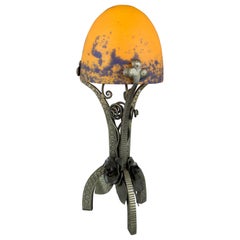 French Art Deco Style Wrought Iron and Orange and Dark Purple Glass Table Lamp