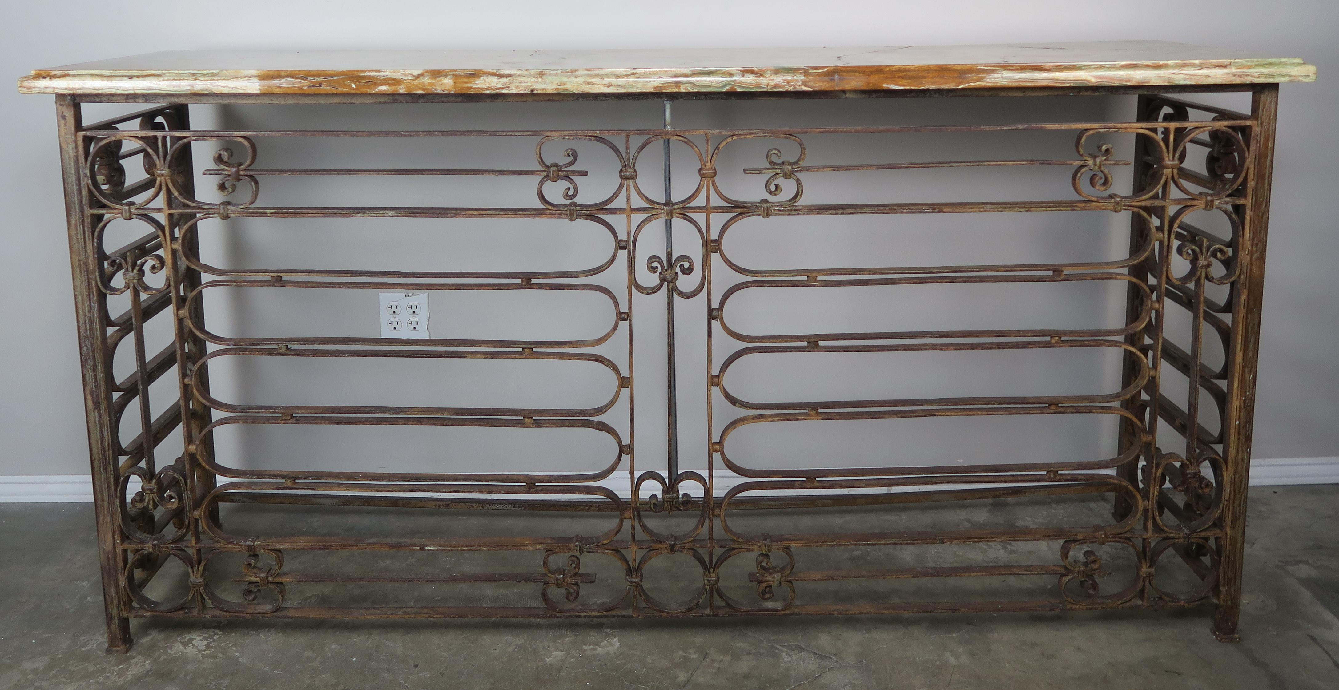 French Art Deco Style Wrought Iron Console with Onyx Top In Distressed Condition In Los Angeles, CA