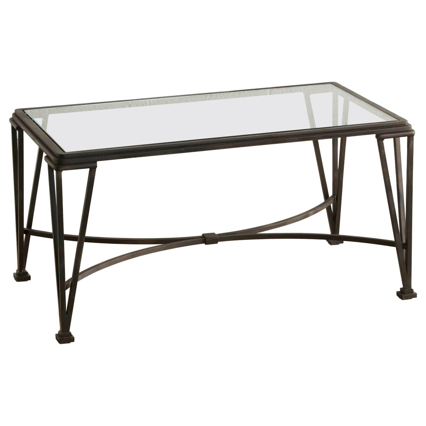 French Art Deco Style Wrought Iron Garden Cocktail or Side Table with Glass Top For Sale