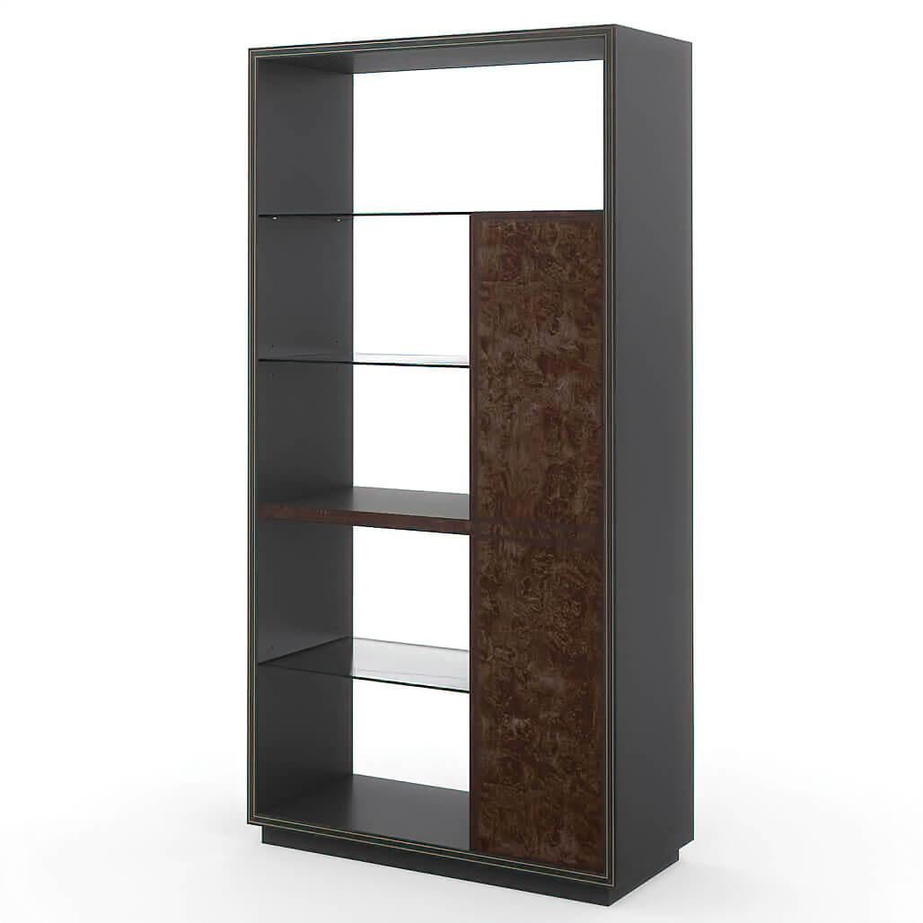 An Art Deco style open shelf bar cabinet with warm wood tone and polished metal accents. Framed in a Warm Slate finish, its shadow box-like design features ample open space and adjustable glass shelves. On the right, its Sepia burl-clad storage
