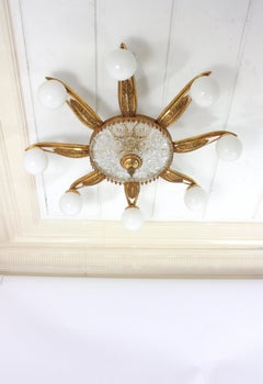 French Art Deco Sunburst Ceiling Light Fixture in Bronze and Milk Glass Globes