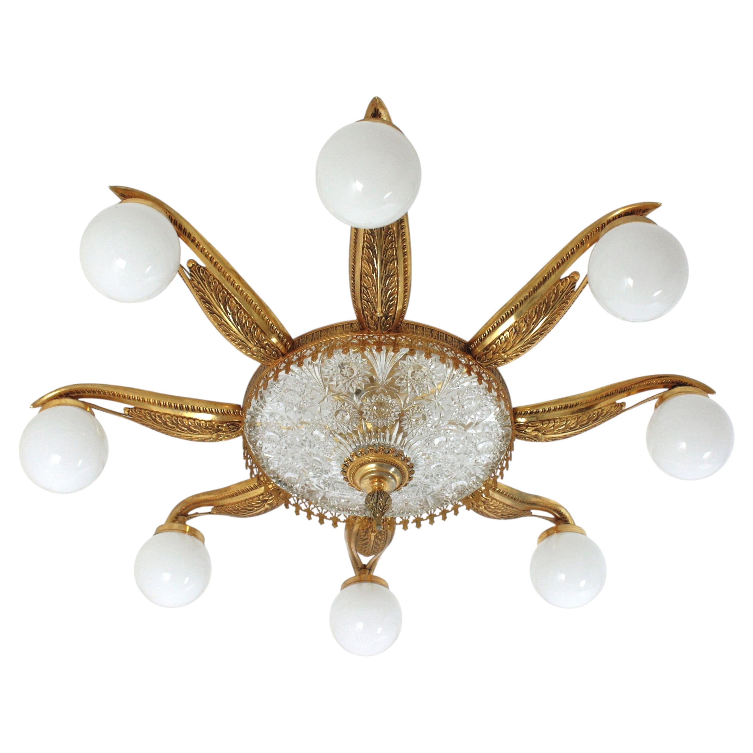 French Art Deco Sunburst Ceiling Light Fixture in Bronze and Milk Glass Globes