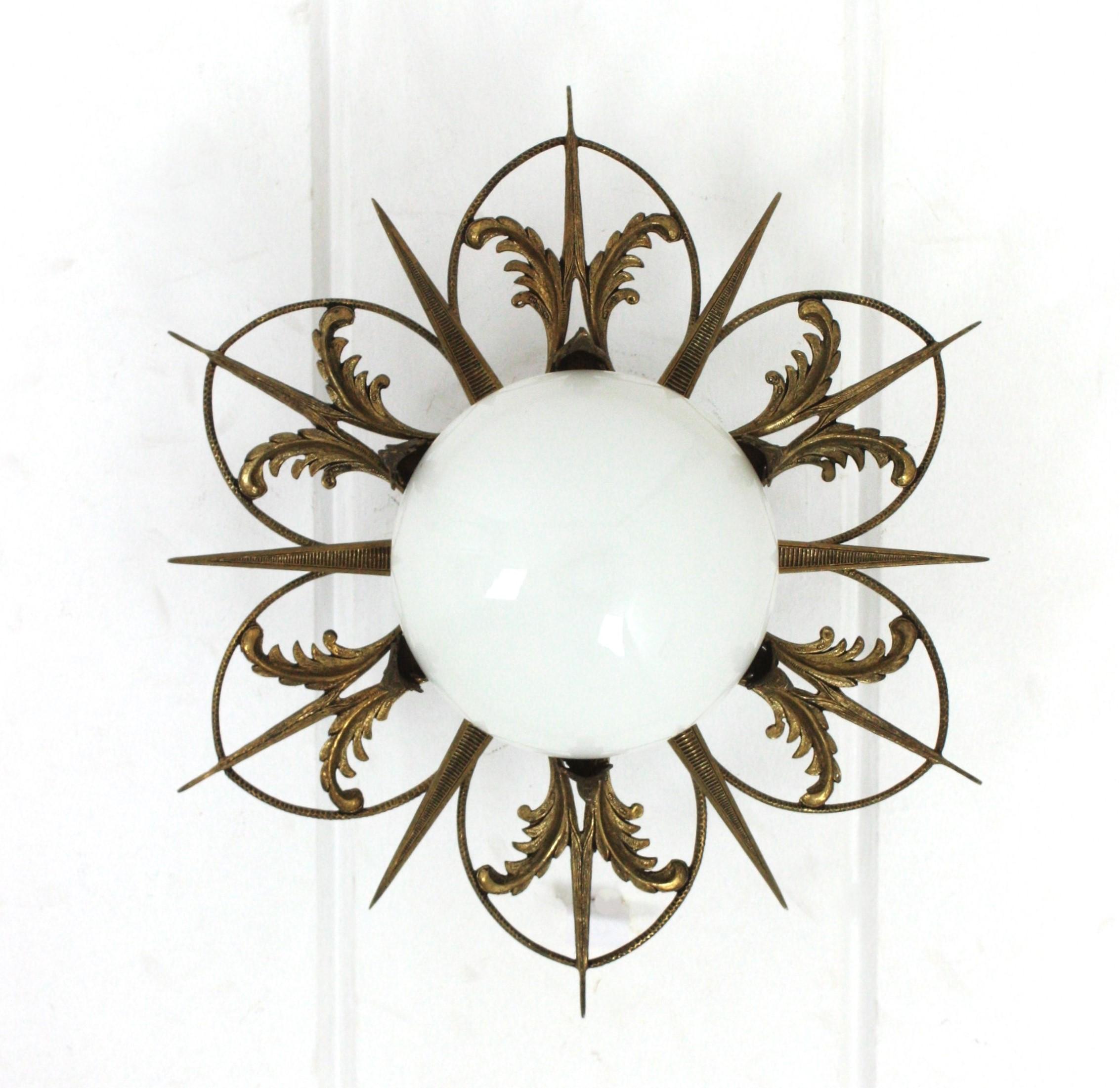 Französische Einbaubeleuchtung in Bronze und Milchglas mit Sonnenschliff-Blumen im Art déco-Stil im Angebot 8