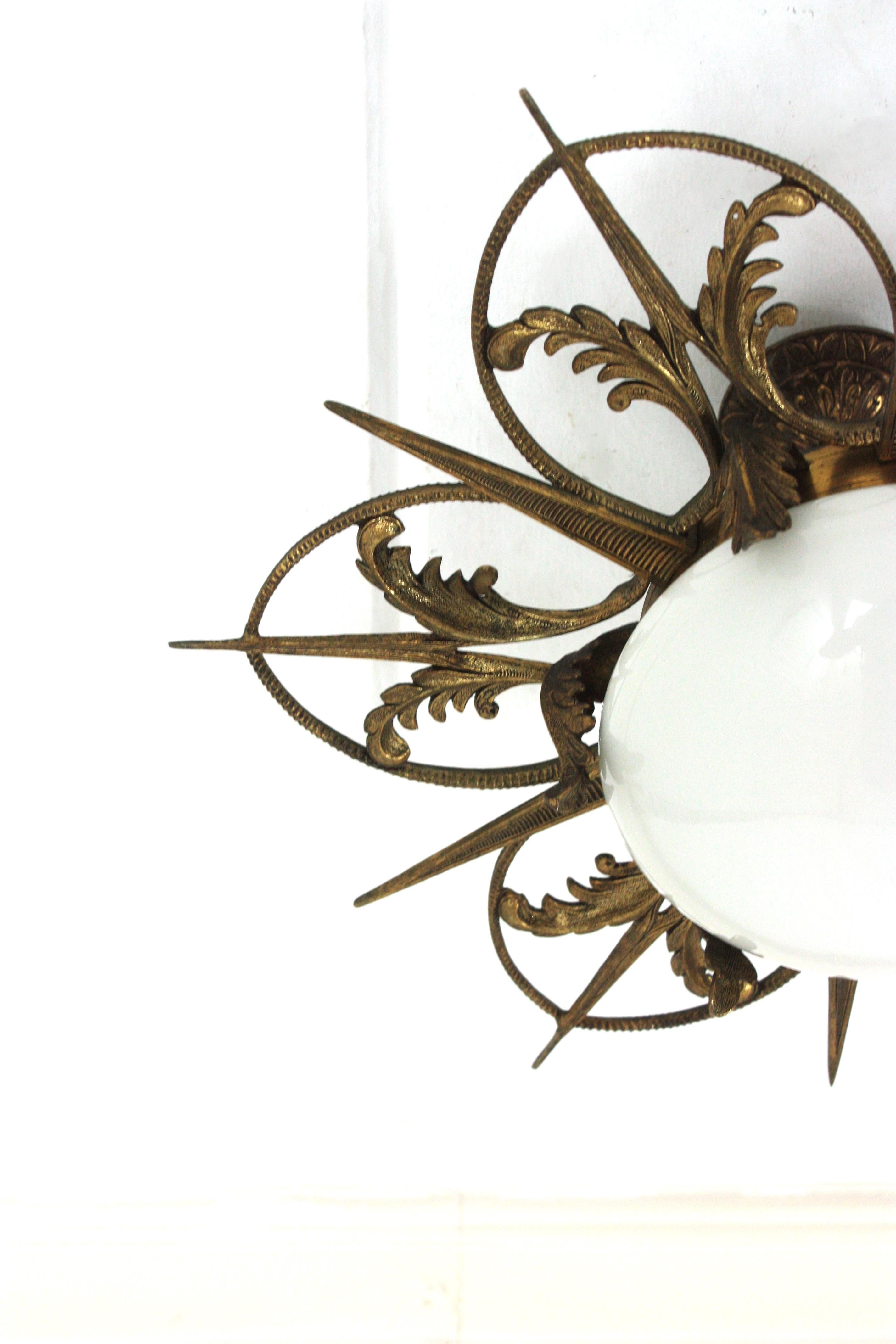 Monture encastrée Sunburst Flower Art Déco française en bronze et verre dépoli en vente 10