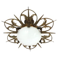 French Art Deco Sunburst Flower Flush Mount in Bronze and Milk Glass
