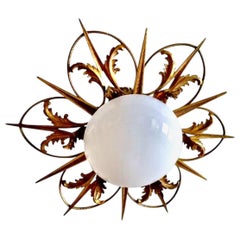 French art deco sunburst Flush Mount in Bronze and Opaline Glass , France 1935