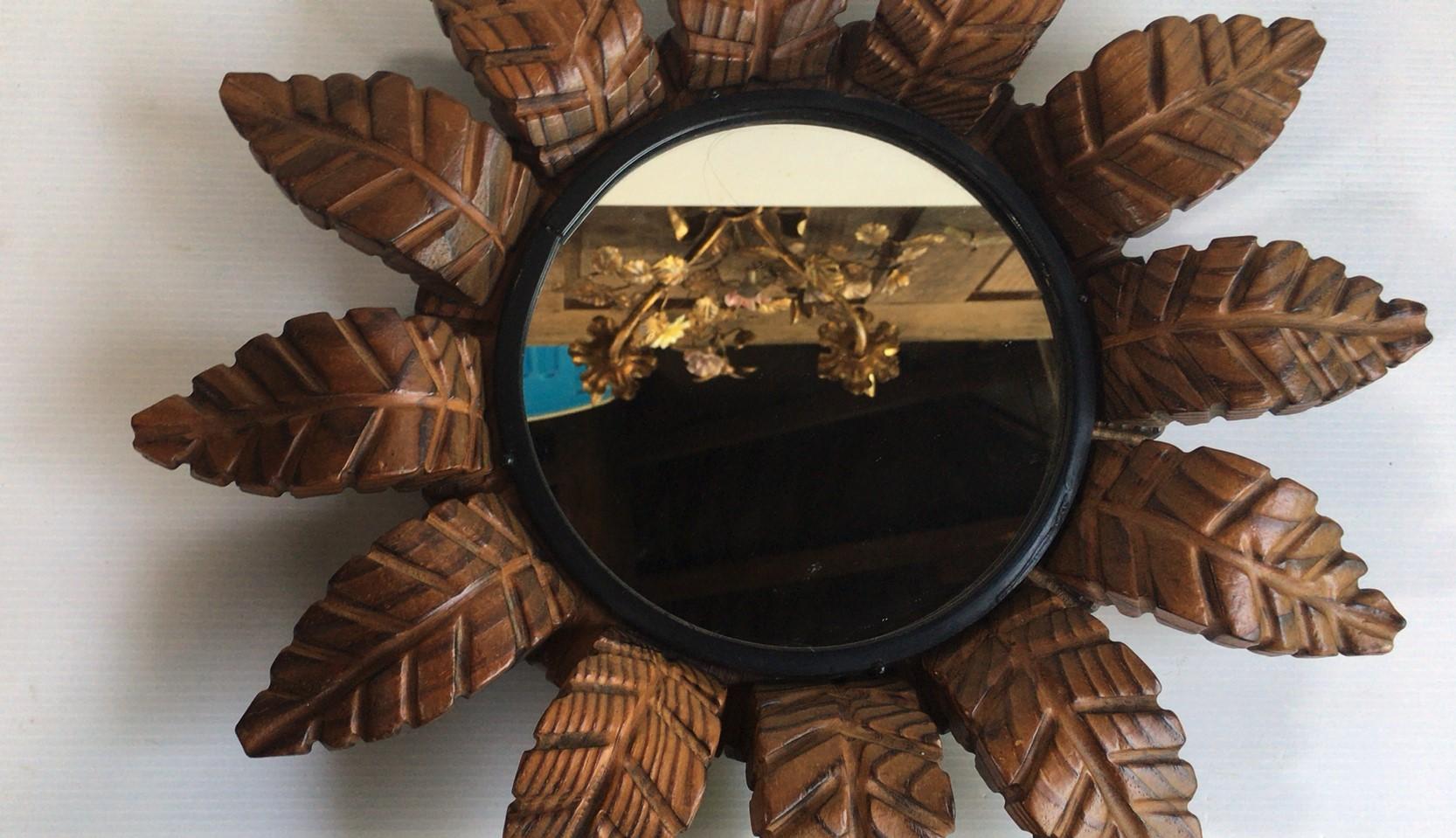 French Art Deco sunburst leaves wood mirror, circa 1930.
I have a second on identical.