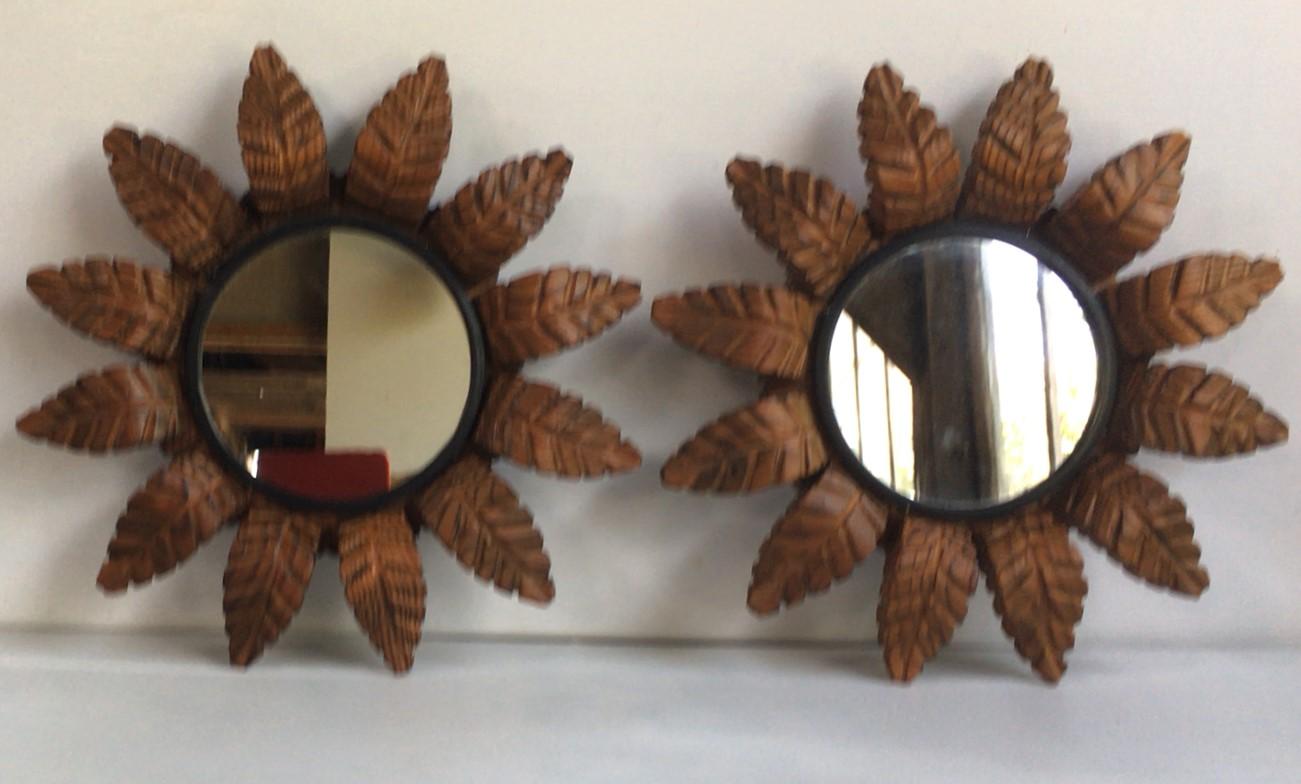 Mid-20th Century French Art Deco Sunburst Leaves Wood Mirror