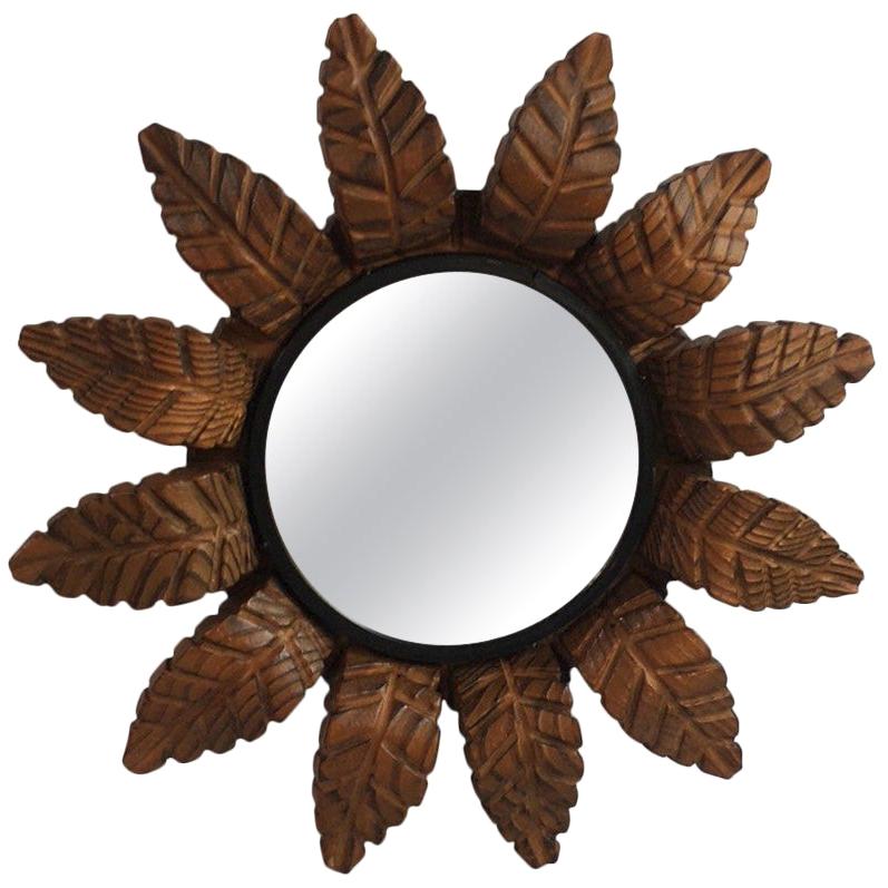 French Art Deco Sunburst Leaves Wood Mirror