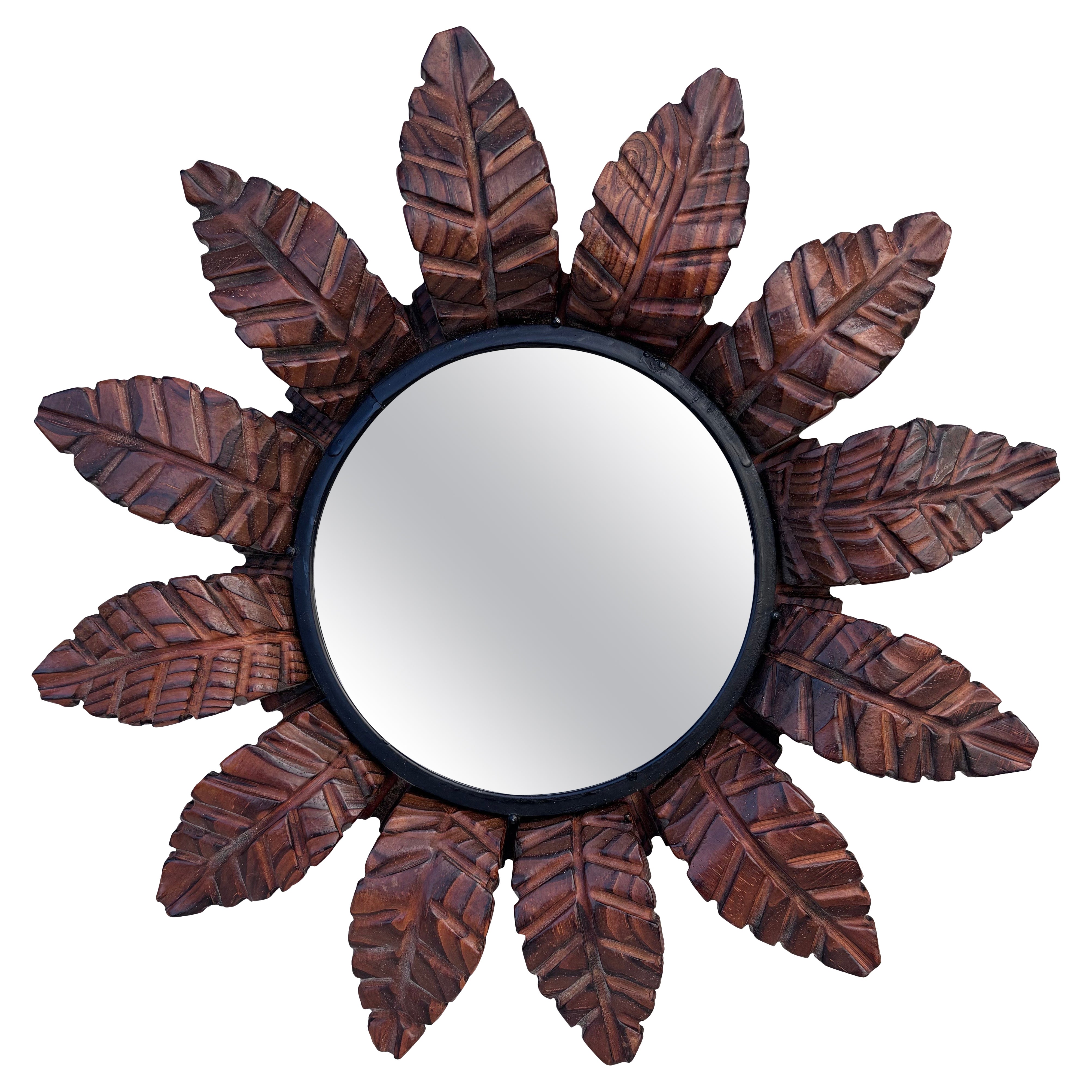 Specchio francese Art Deco Mirror con foglie a raggiera in Wood