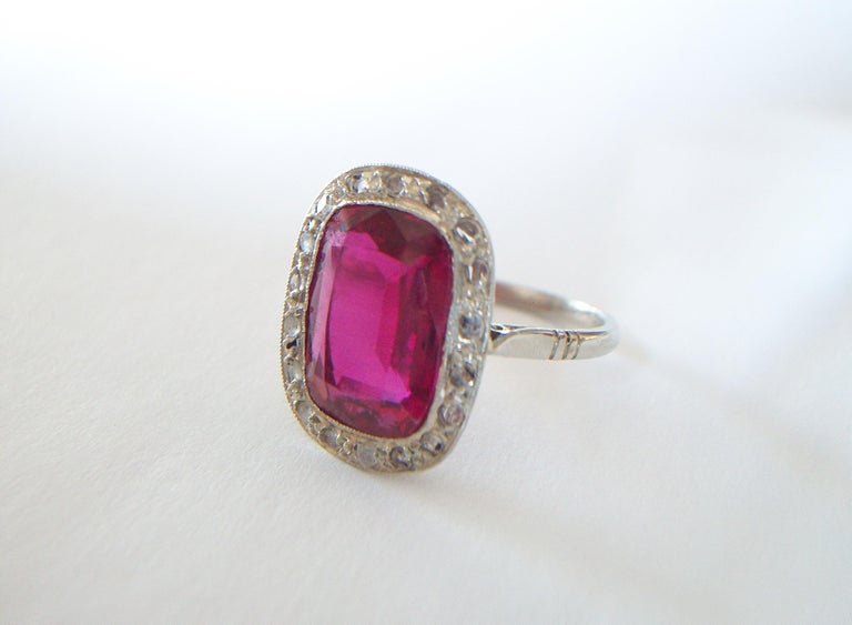 French Art Deco Synthetic Ruby & Diamond Halo Ring, 18K Gold, Circa 1920's For Sale 5