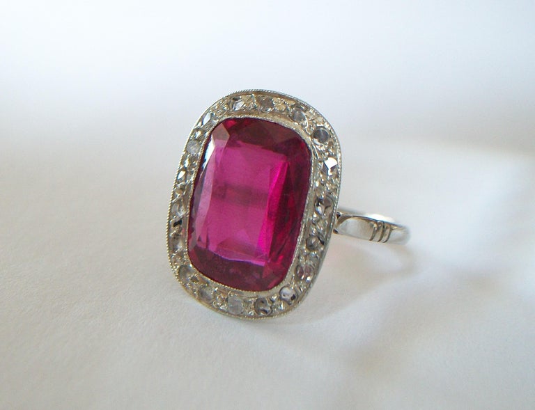 French Art Deco Synthetic Ruby & Diamond Halo Ring, 18K Gold, Circa 1920's For Sale 6