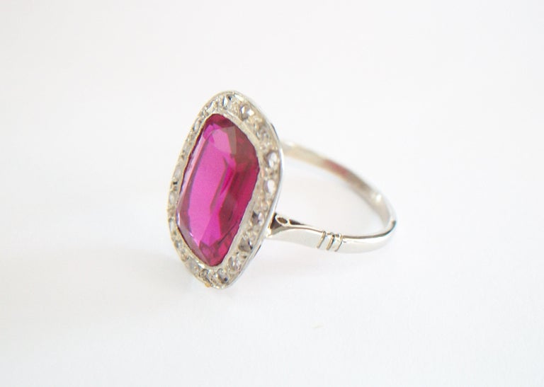 Women's French Art Deco Synthetic Ruby & Diamond Halo Ring, 18K Gold, Circa 1920's For Sale