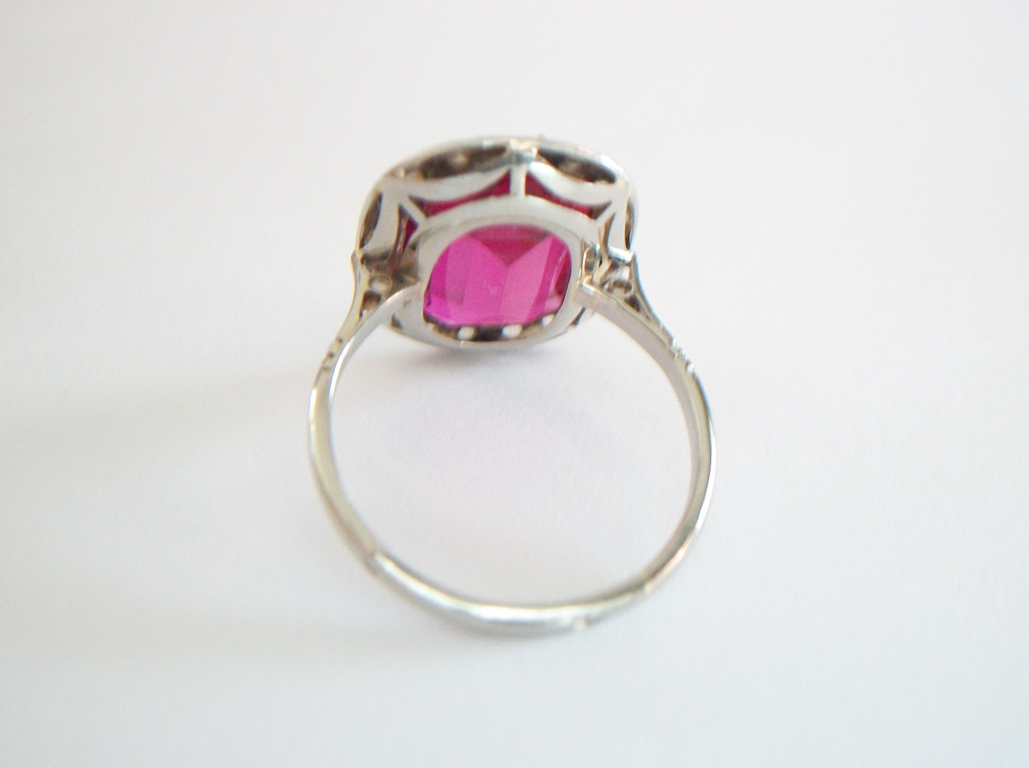 Women's French Art Deco Synthetic Ruby & Diamond Halo Ring, 18K Gold, Circa 1920's For Sale