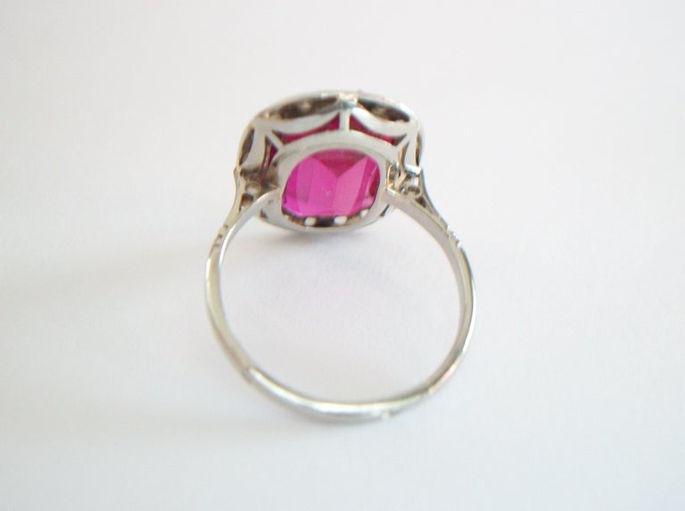 French Art Deco Synthetic Ruby & Diamond Halo Ring, 18K Gold, Circa 1920's For Sale 1