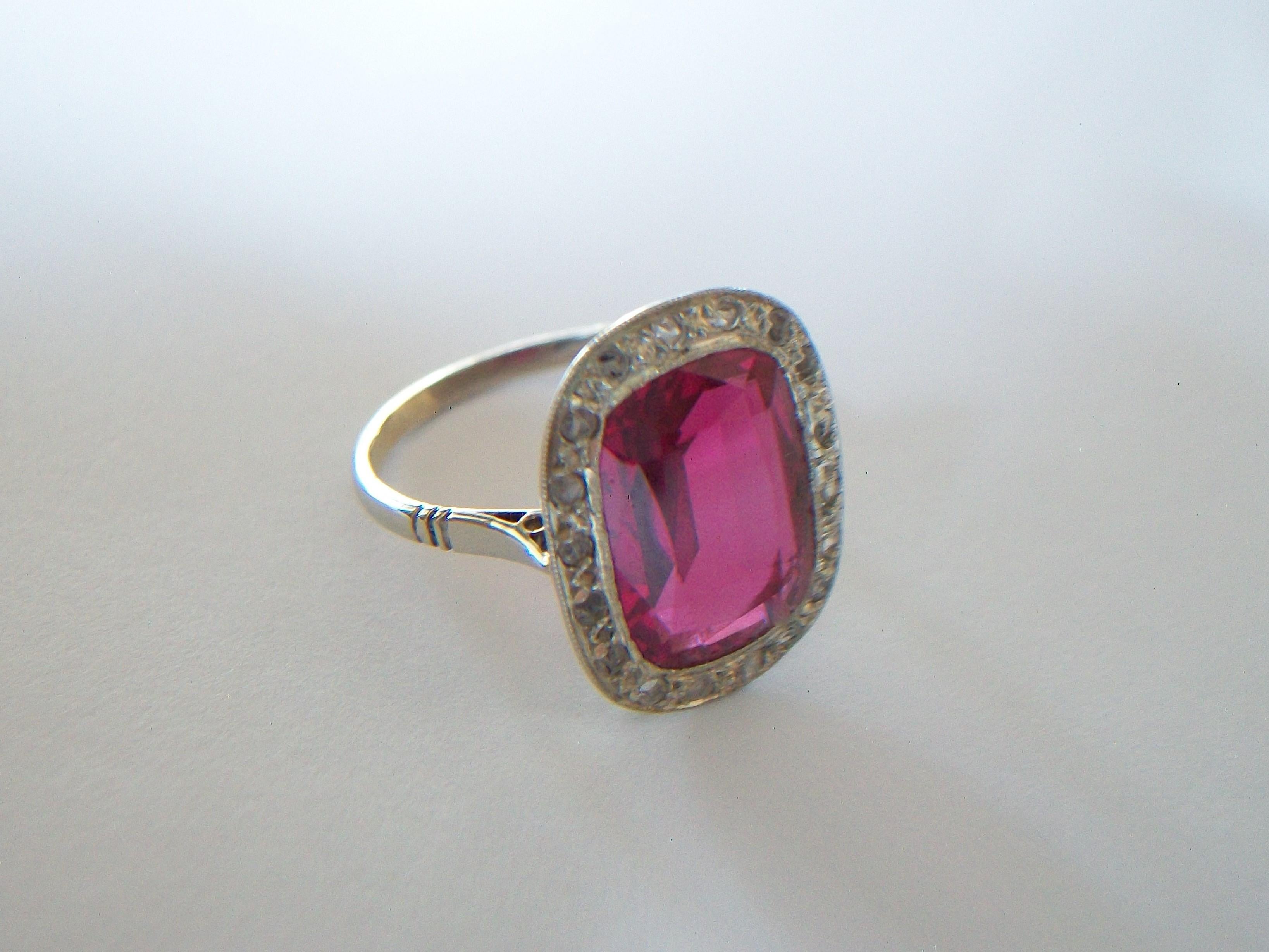 French Art Deco Synthetic Ruby & Diamond Halo Ring, 18K Gold, Circa 1920's For Sale 3