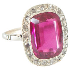 French Art Deco Synthetic Ruby & Diamond Halo Ring, 18K Gold, Circa 1920's