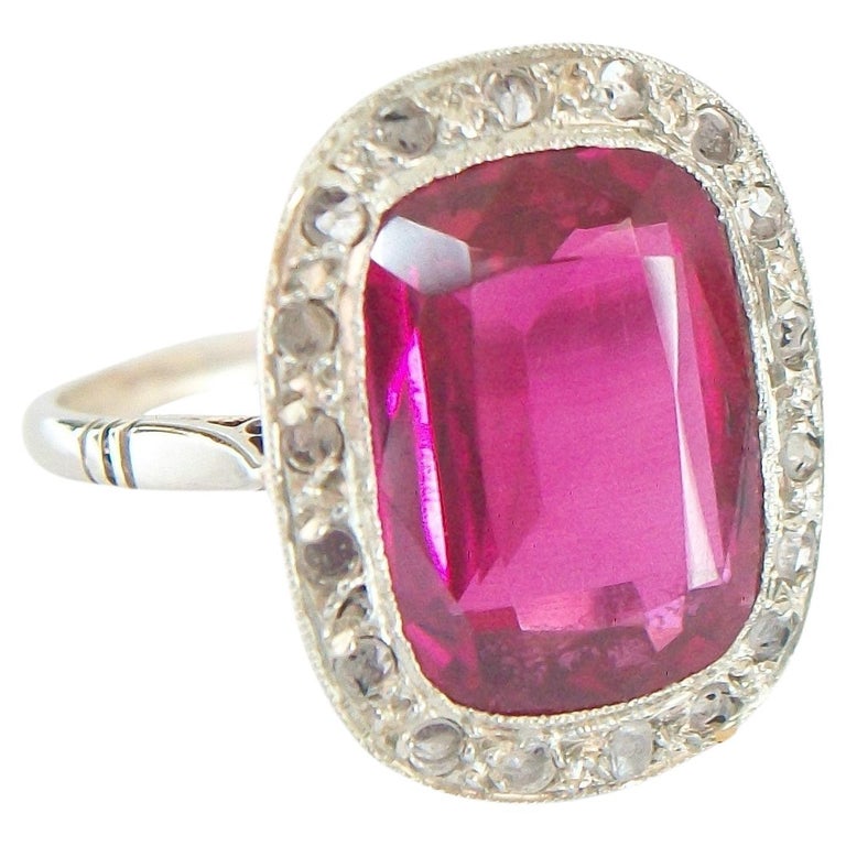 French Art Deco Synthetic Ruby & Diamond Halo Ring, 18K Gold, Circa 1920's For Sale