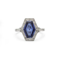 French Art Deco Synthetic Sapphire and Diamond Ring in 18K White Gold