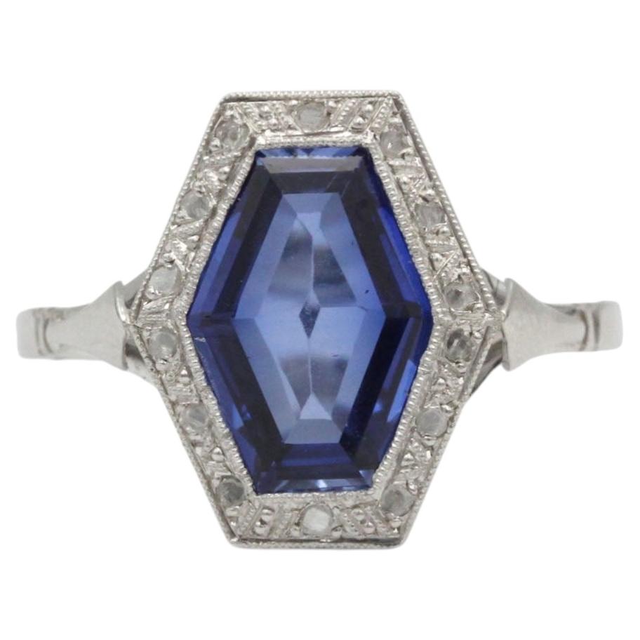 French Art Deco Synthetic Sapphire and Diamond Ring in 18K White Gold