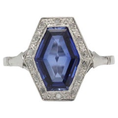 French Art Deco Synthetic Sapphire and Diamond Ring in 18K White Gold