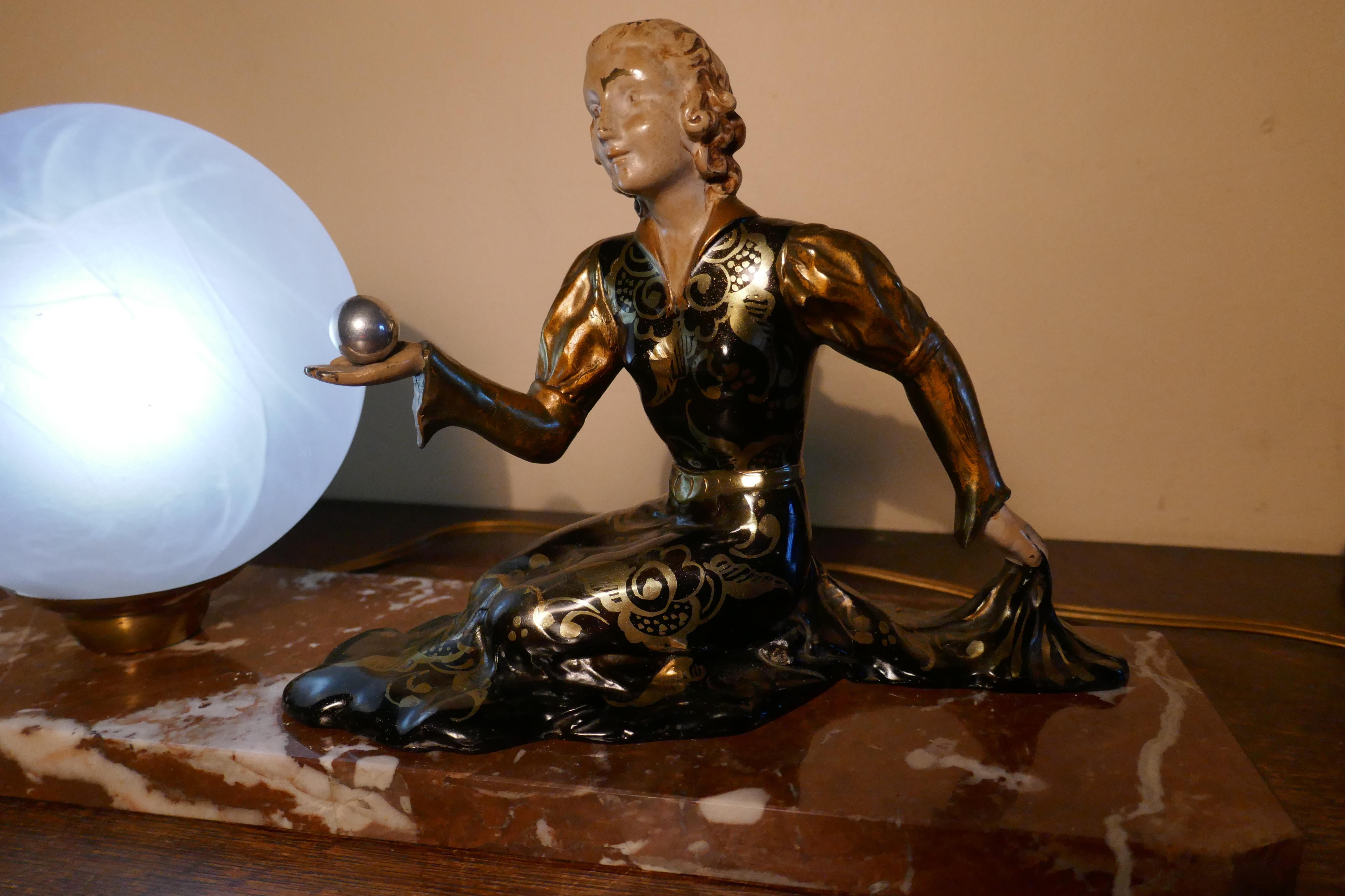 20th Century French Art Deco Table Lamp, a Witch and Ball