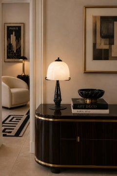 French Art Deco Table Lamp, Alabaster Shade, Wrought Iron Base, 1920s