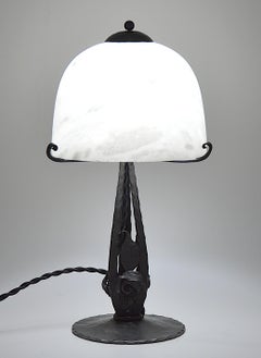 French Art Deco Table Lamp, Alabaster Shade, Wrought Iron Base, 1920s