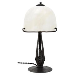 French Art Deco Table Lamp, Alabaster Shade, Wrought Iron Base, 1920s