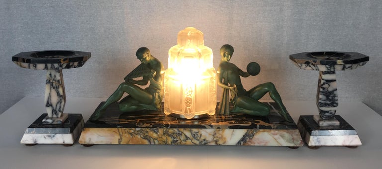 Marius-Ernest Sabino French Art Deco Table Lamp and Garniture Set, Signed For Sale 6