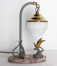 French Art Deco Table Lamp, Brass Spelter Marble & Glass, Bird on Rock, c. 1930