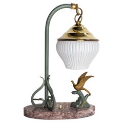 French Art Deco Table Lamp, Brass Spelter Marble & Glass, Bird on Rock, c. 1930