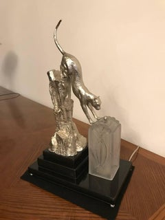 French Art Deco Table Lamp Bronze Mountain Lion Signed by Hugue